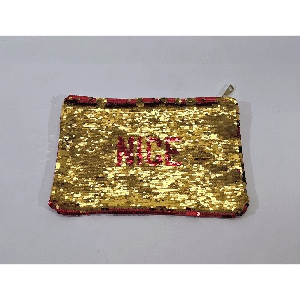8 Oka Lane‎ Naughty & Nice Sequined Red Gold Clutch Makeup Travel Bag EUC